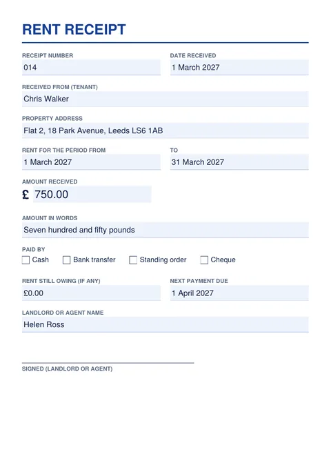 Rent receipt template with example details filled in