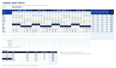Four-week shift rota template with early, late, day and night shift codes, weekly hours and a shift key