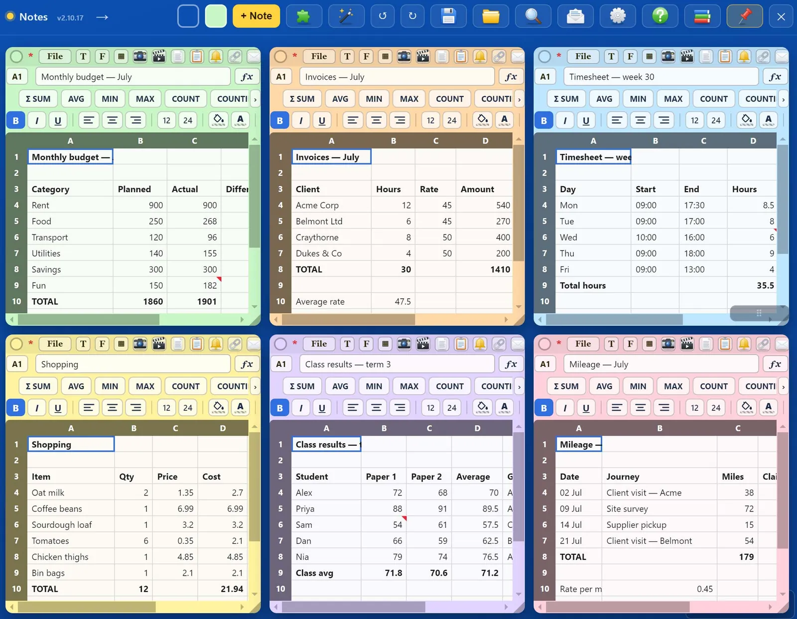 Six spreadsheet notes: a budget, invoices, a timesheet, shopping, class results and mileage