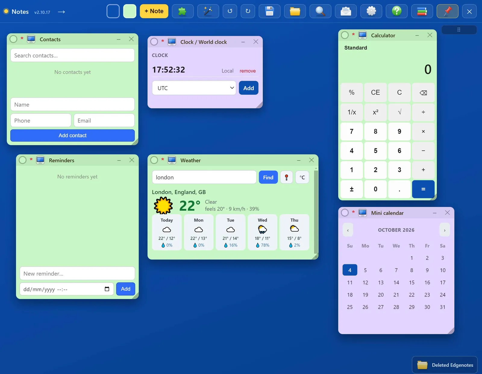 Widgets: contacts, a world clock, a calculator, reminders, weather and a calendar
